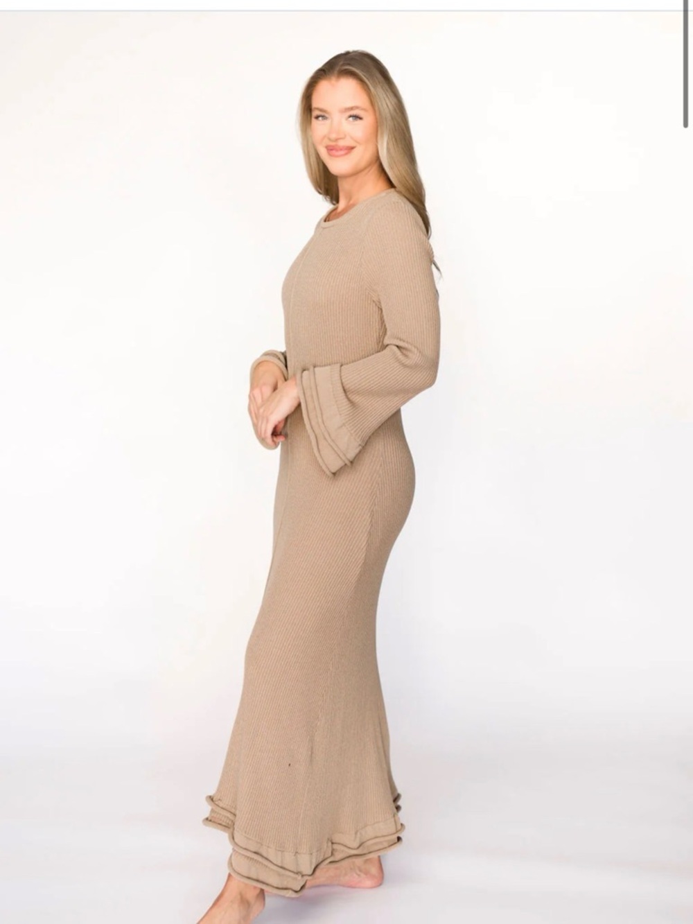 Ribbed Maxi Dress with Flared Ruffle Hem in Tan